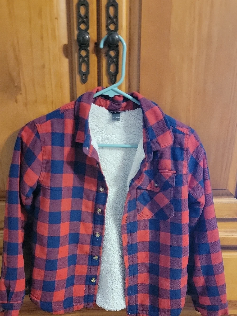 Eddie Bauer Red and Navy Plaid Sherpa Flannel