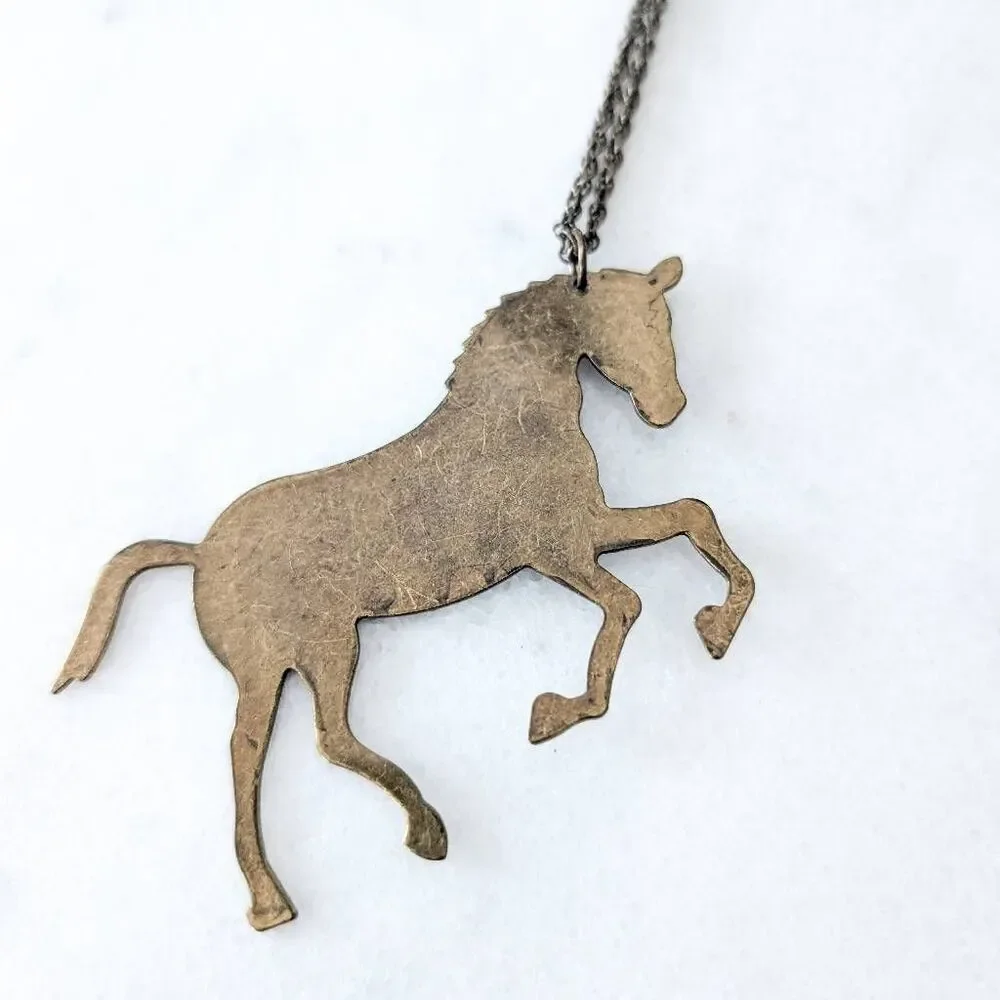 Bronze Horse Pendant Long Chain Necklace