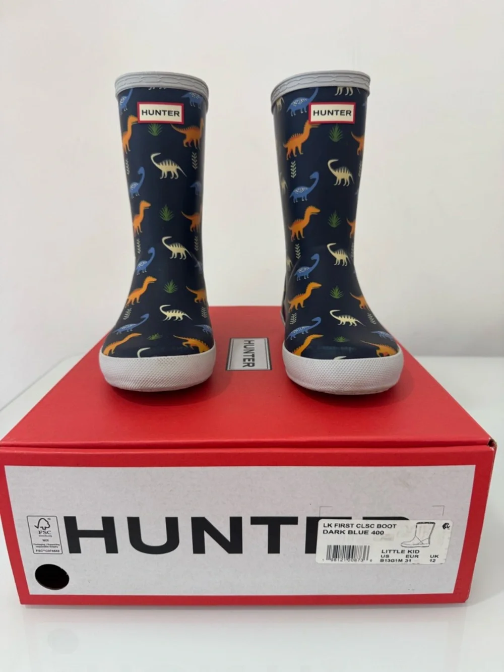 Hunter Kids Navy Rain Boots with Orange & Blue Dinosaurs, US Size 13