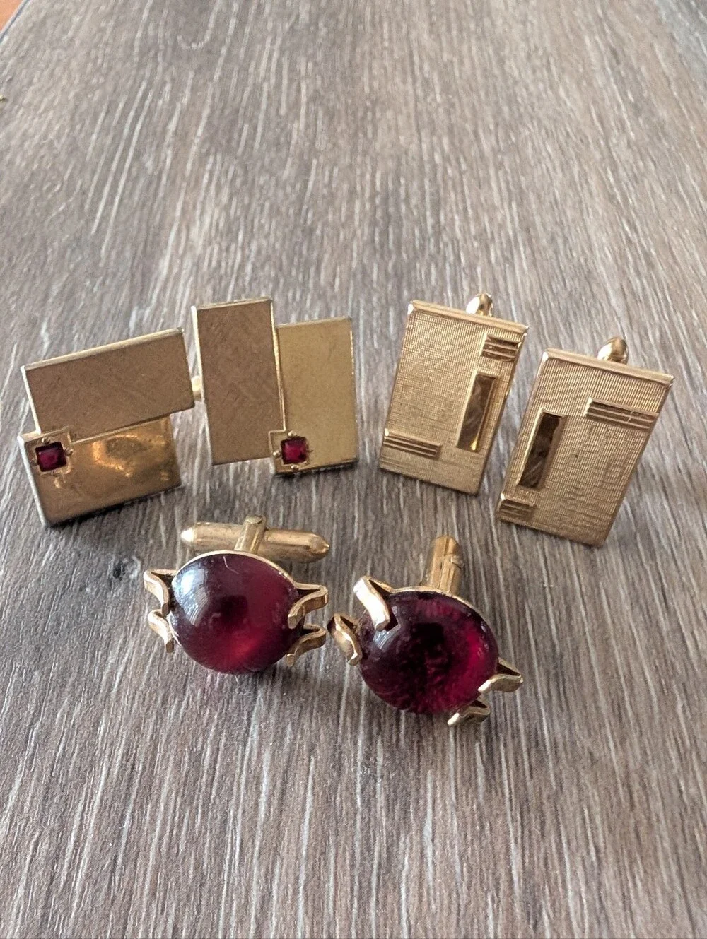 Vintage Lot Of 3 Swank Gold Tone Cufflink Sets with Deep Red Cabochon Accents