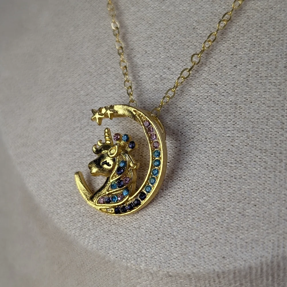 Unicorn princess Crescent moon rainbow rhinestone pendant necklace For Girls