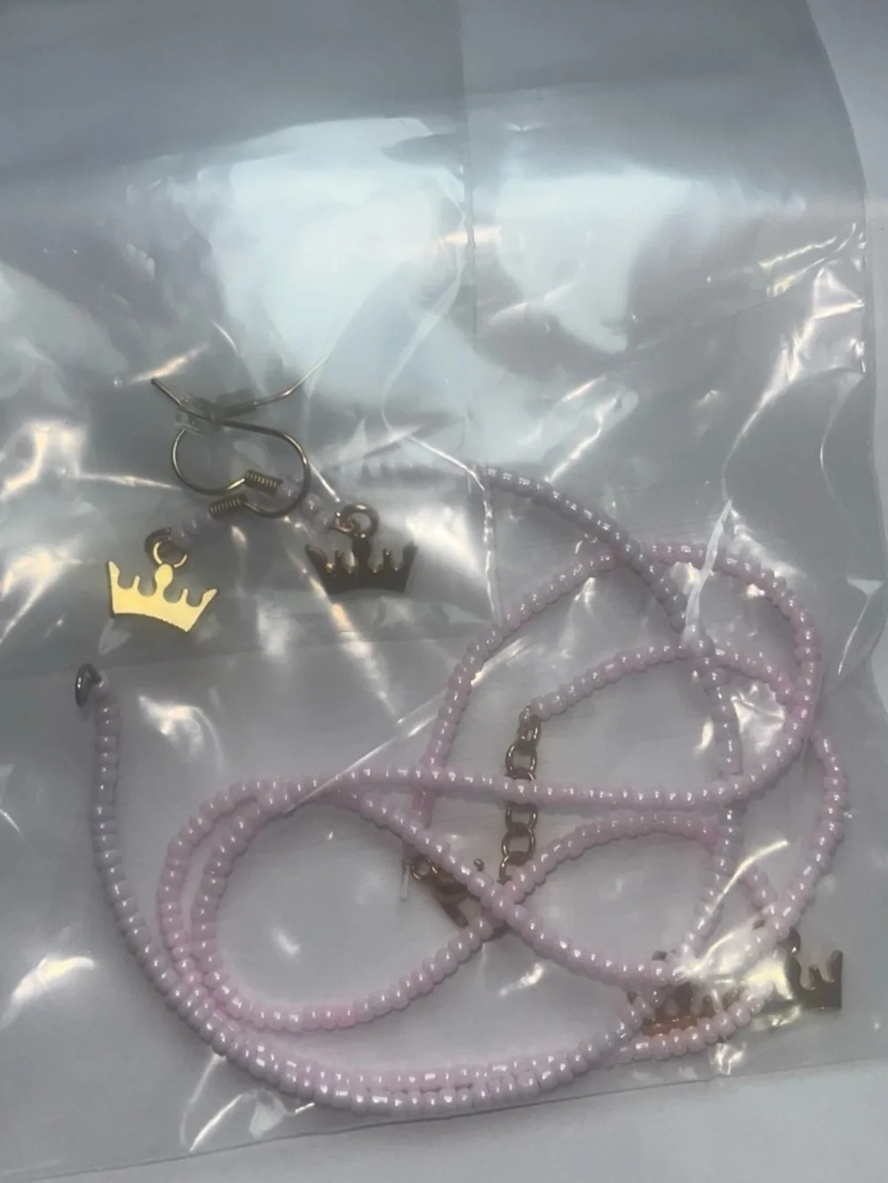 Girls Pink Beaded Necklace & Bracelet Set with Gold Crown Charms