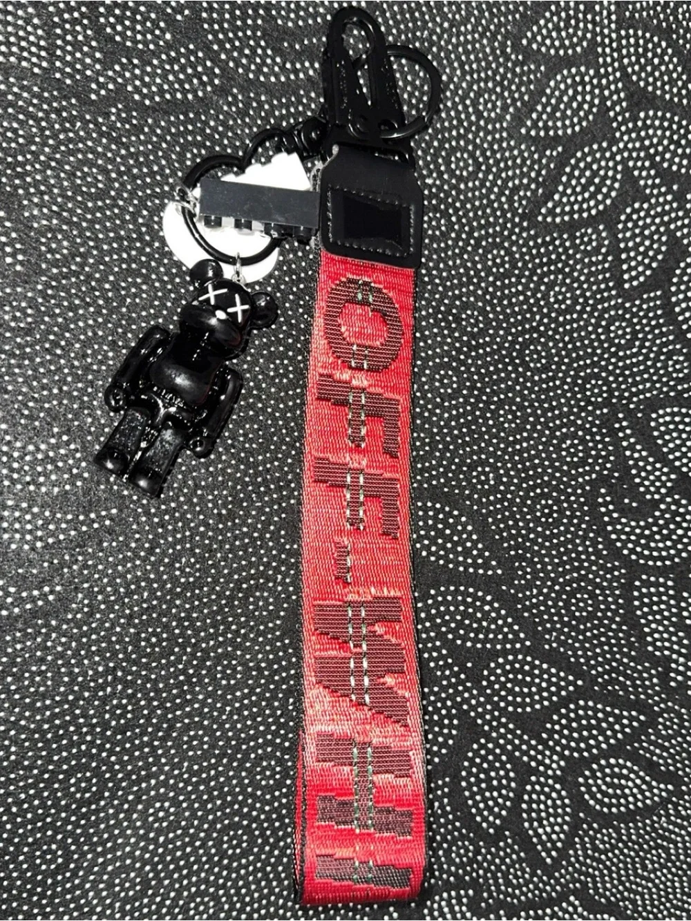 Red Logo Strap Keychain with Black Bear Charm