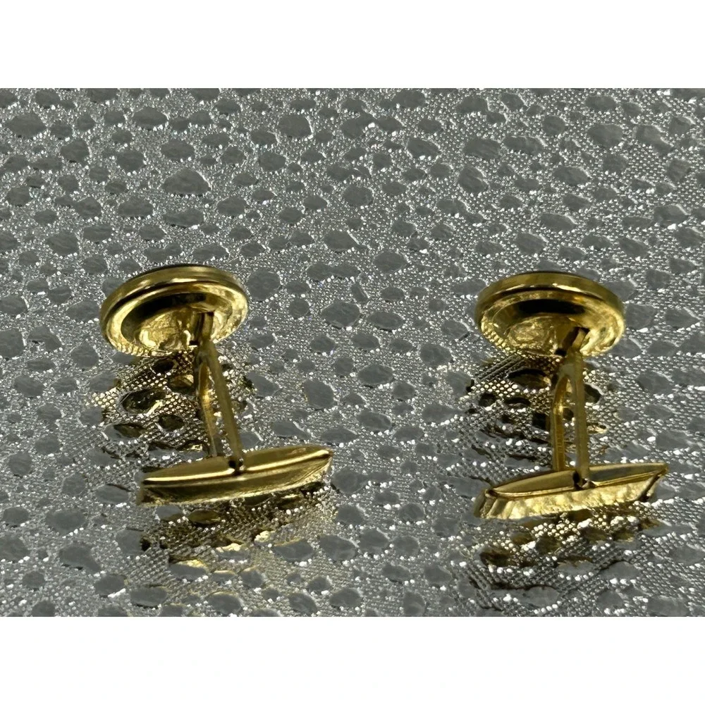 Vintage Gold Tone Round Black Onyx Inlay Cufflinks Formal Wedding Business Mens