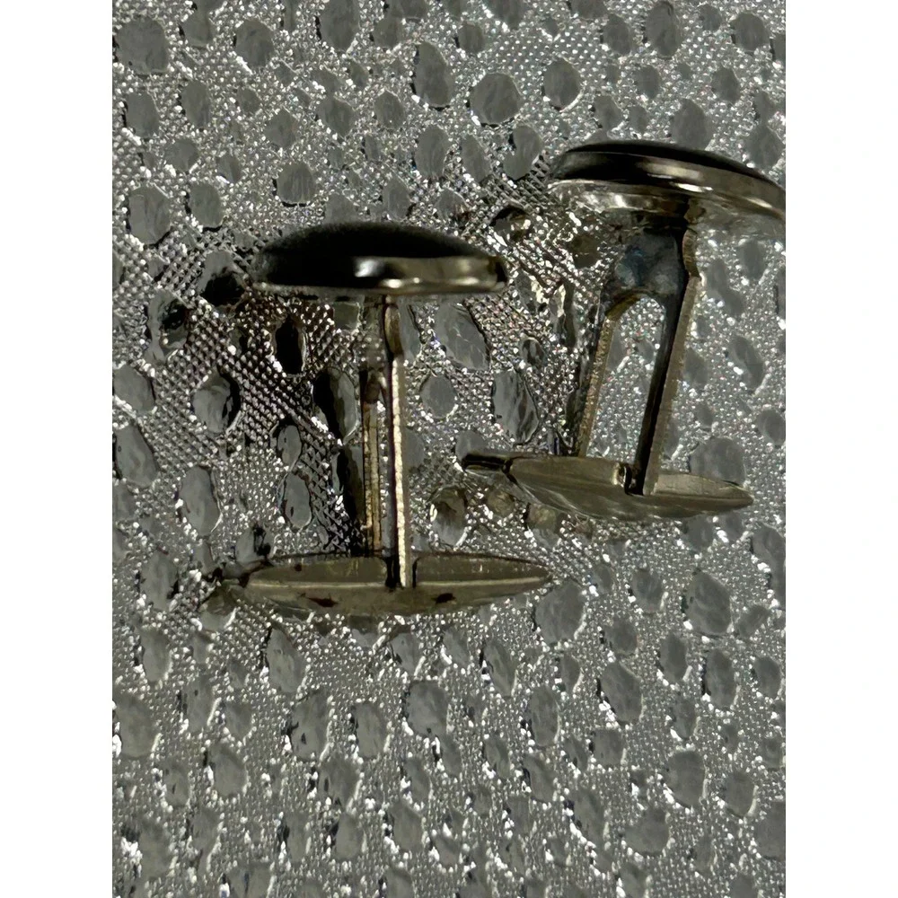 Pioneer Vintage Mens Silver Tone Black Cabochon Round Toggle Back Cufflinks