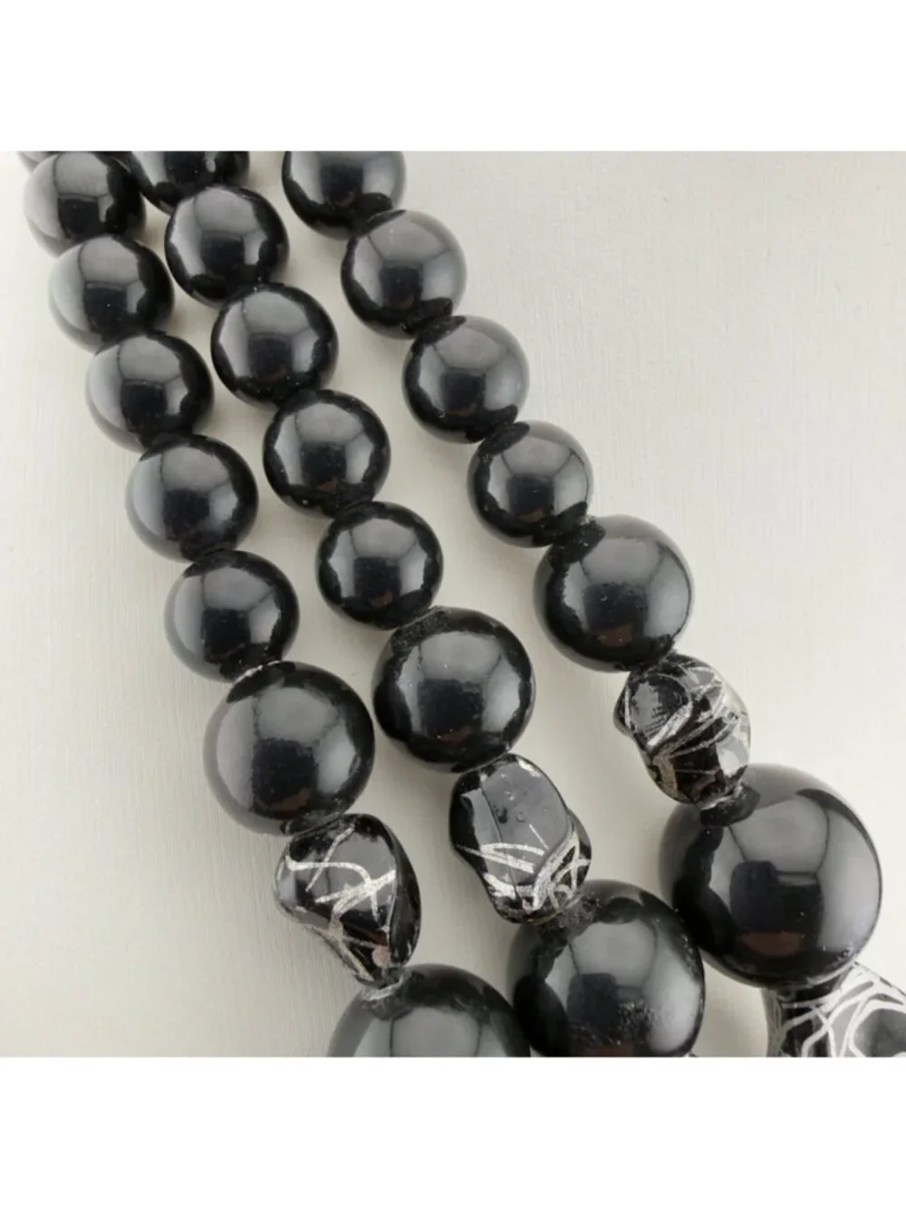 Vintage Beaded Statement Necklace Black Silver Acrylic Multi Strand