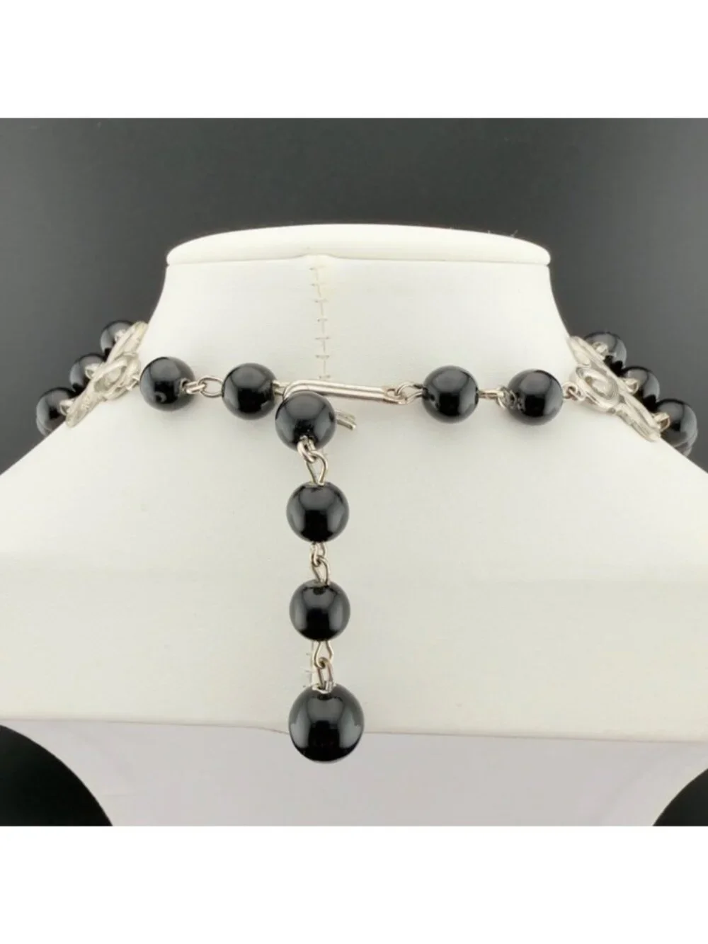 Vintage Beaded Statement Necklace Black Silver Acrylic Multi Strand