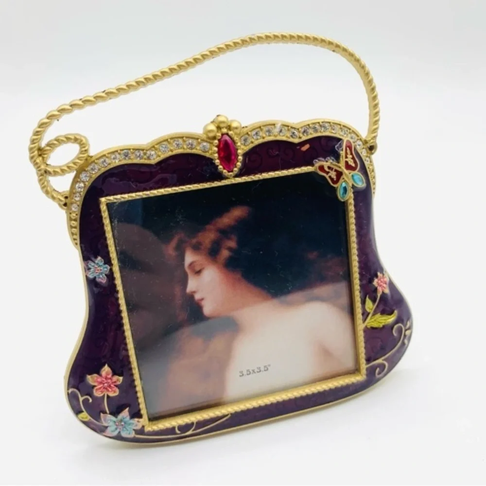 Jeweled Butterfly Enamel Picture Frame – Purse Shaped Vintage Style Glam 3.5x3.5