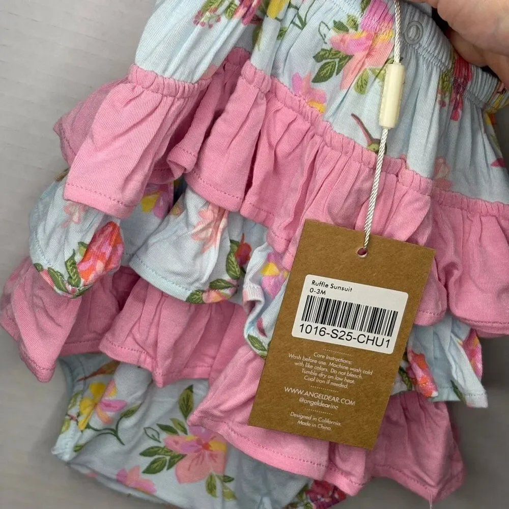 Angel Dear Baby Girl Blue Pink Cute Hummingbirds Ruffle Sunsuit NWT 0-3M Bamboo