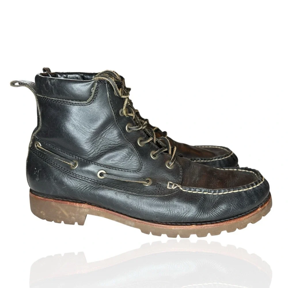 Frye Boots Men's Size 10.5 Black Leather Made In USA Lace Up Apron Moc Toe Shoes