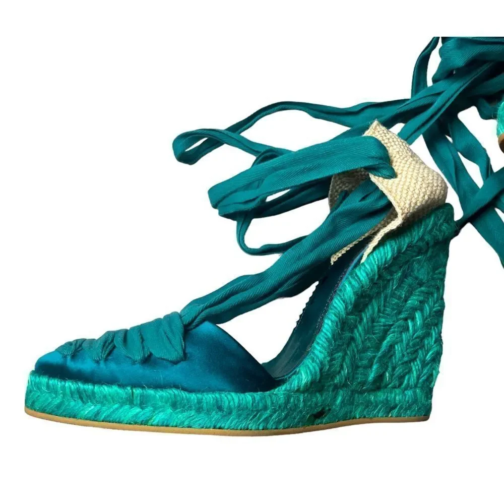 NWOT Emanuel Ungaro FAB Wedge Espadrilles in Teal Silk w/Sexy Lace-Up Design 8
