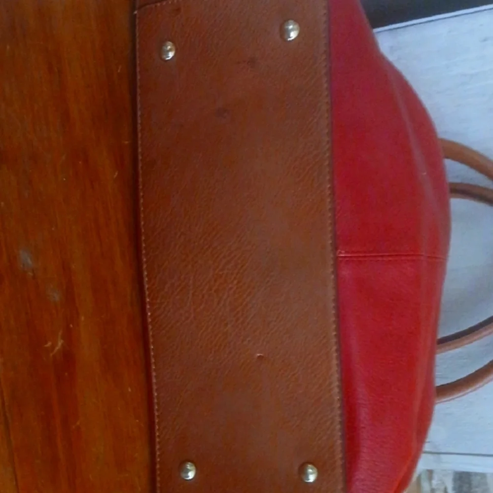 Michael Kors Red and Tan Shoulder Bag with Metallic Accents Double Handles