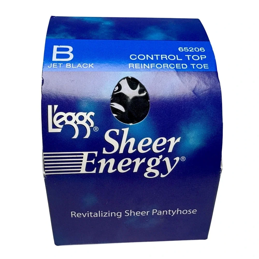 Vintage L'eggs Sheer Energy Pantyhose Control Top Jet Black Size B Reinforced