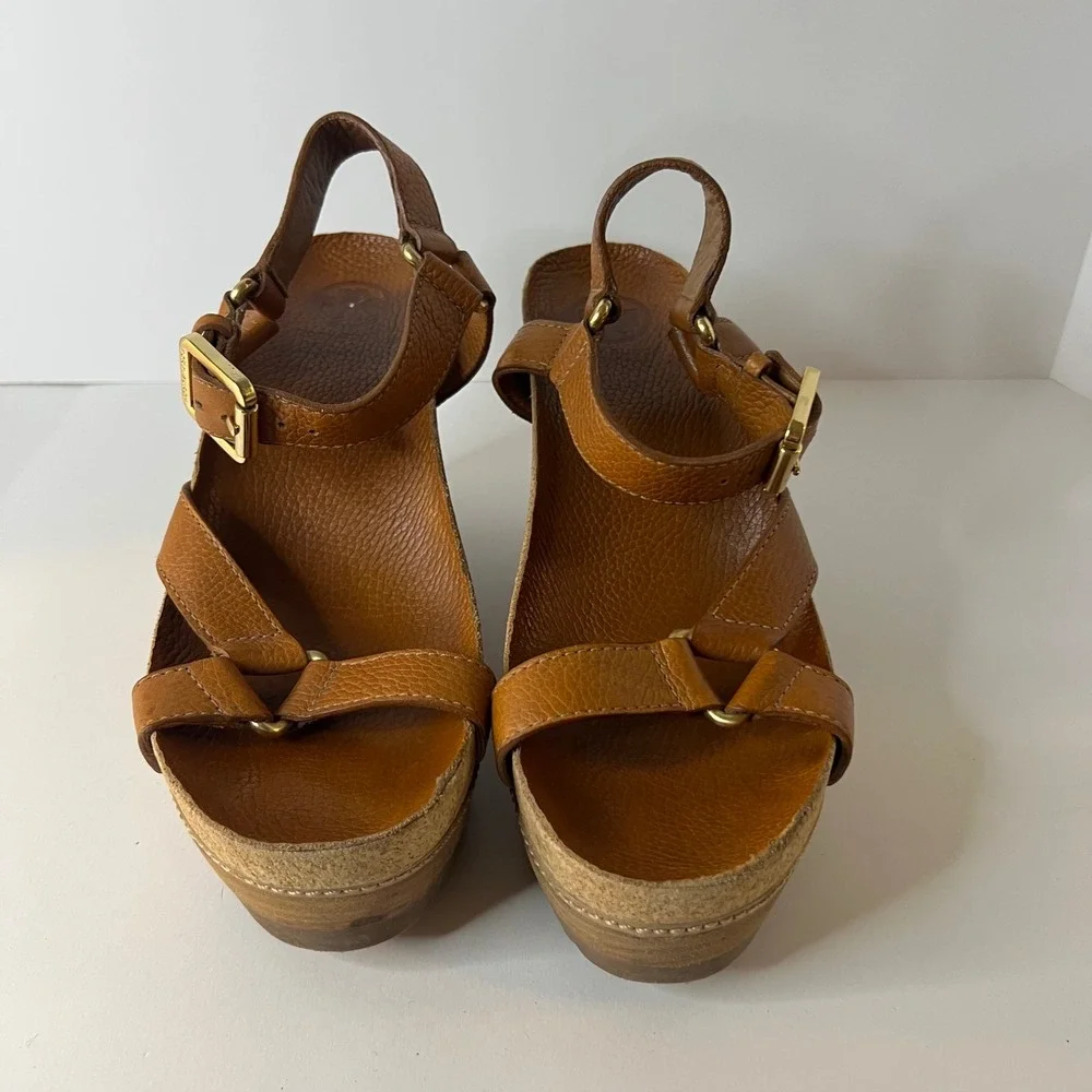 Womens Tory Burch Brenden Brown Leather Wedge Sandal 9.5‎