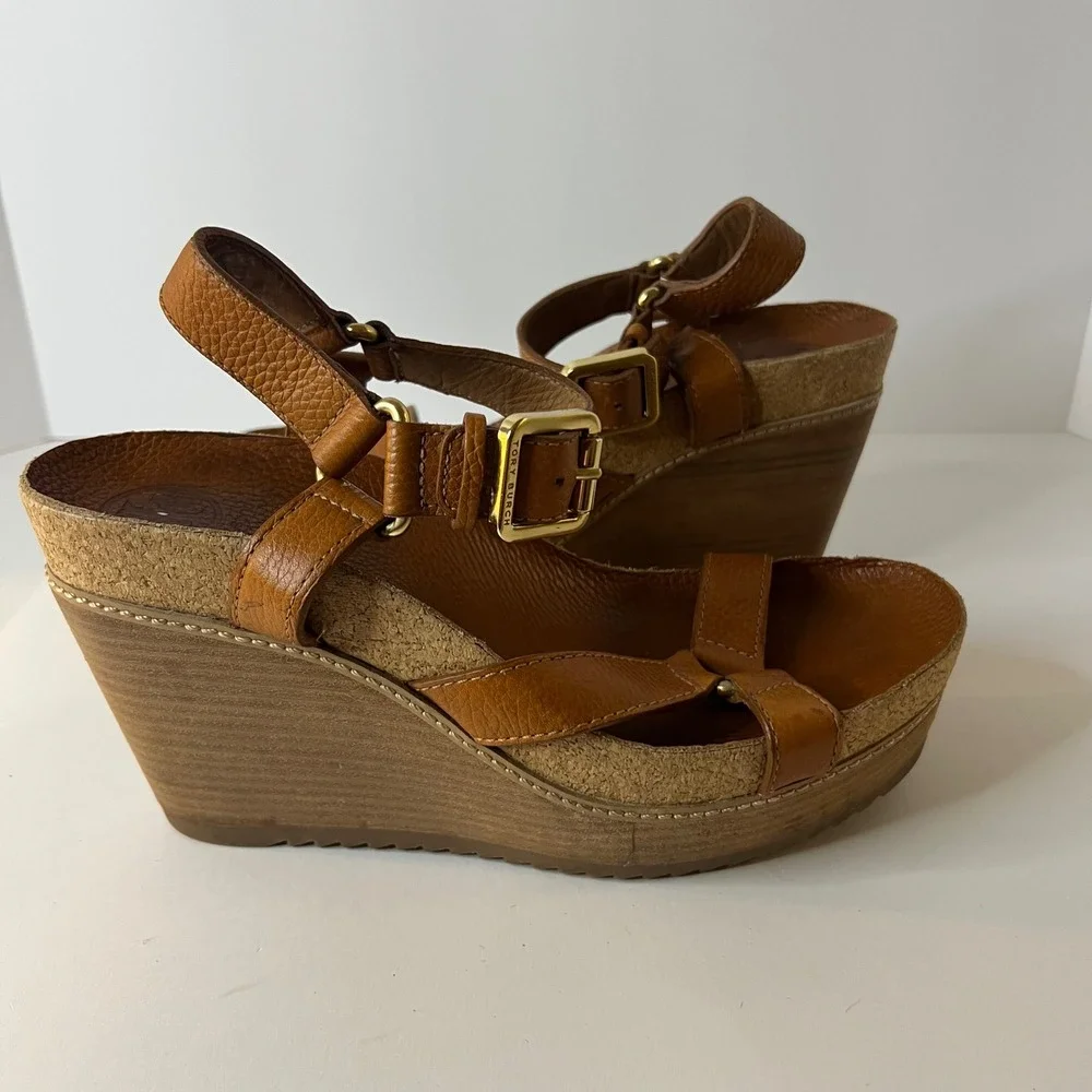 Womens Tory Burch Brenden Brown Leather Wedge Sandal 9.5‎