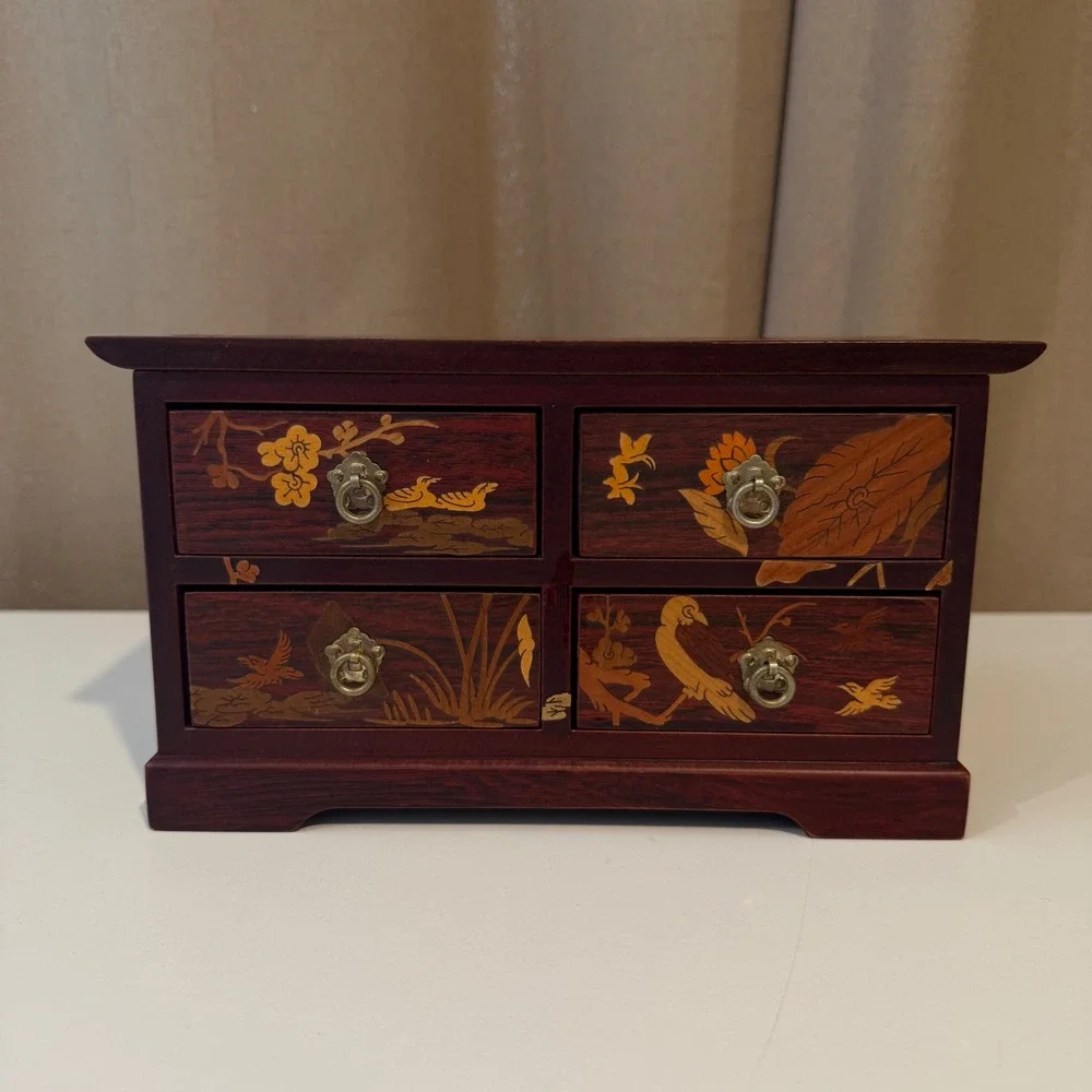 Vintage‎ Japanese Yosegi Zaiku Marquetry Wood Jewelry Box 4 Drawer Crane Inlay