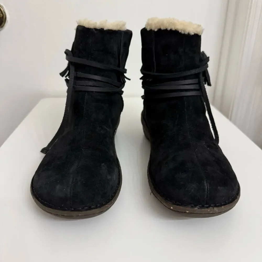 UGG Gaviota Boots Suede Fringe Shearling Wrap Ties Black Sz 9 Casual Boho Cozy