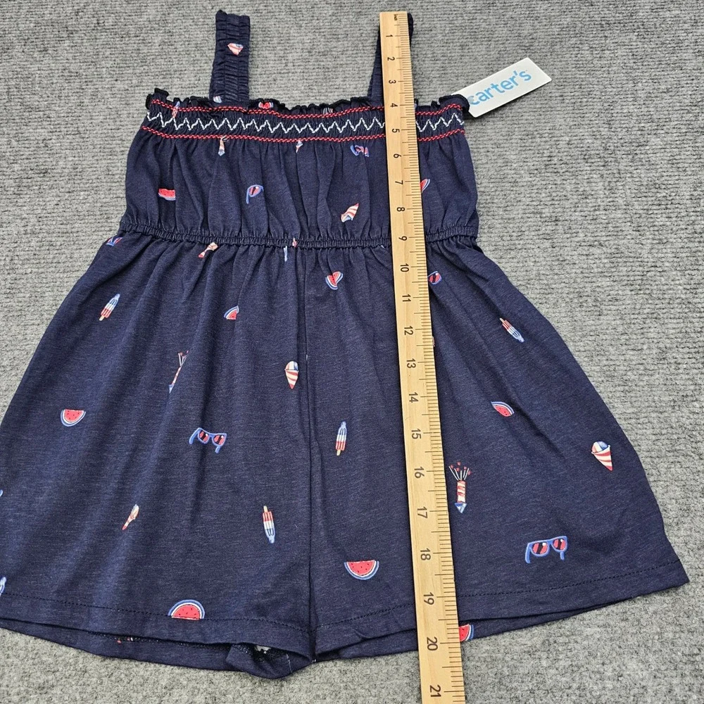 Carter's Romper Toddler 4T Summer Icons Navy Blue Smocked Cotton Jumpsuit