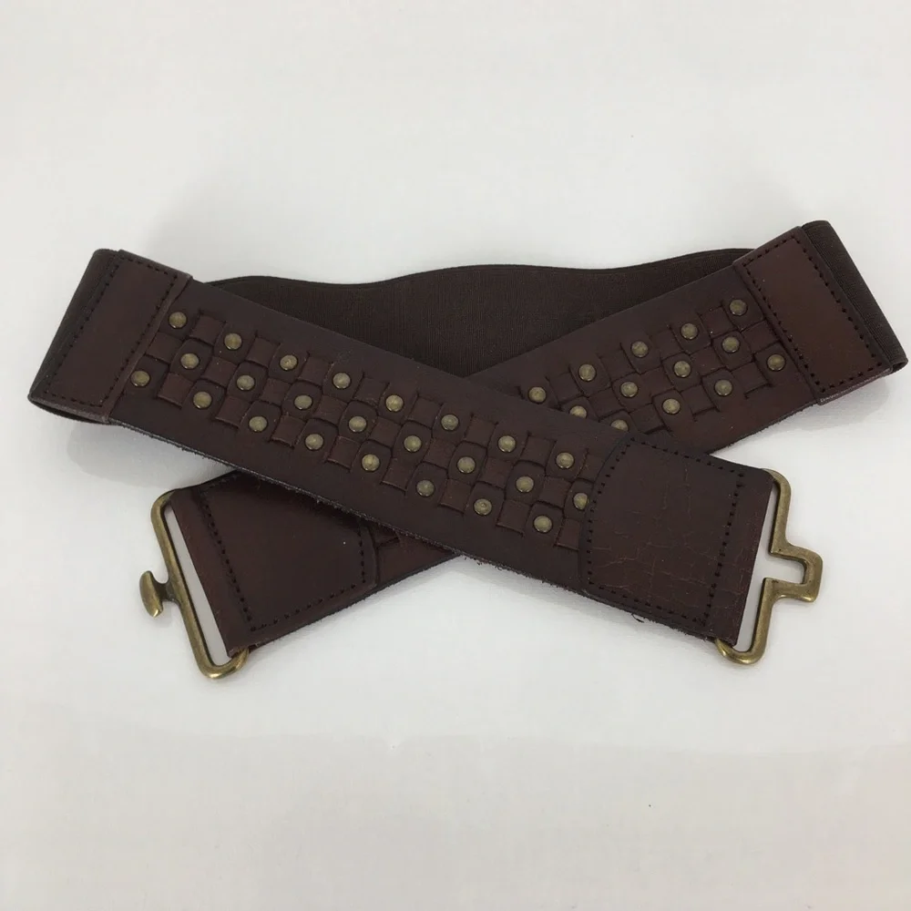 Wide Boho Woven Leather Stretchy Belt Brown with Brass Studs Women’s Size L/XL