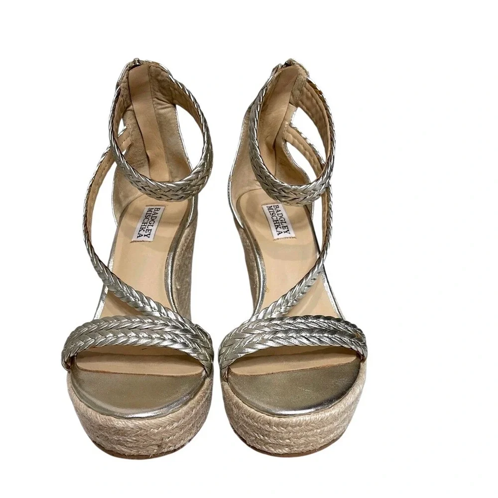 Badgley Mischka Gold‎ Wedge Sandals Size 8 Braided Strappy Espadrille Heels