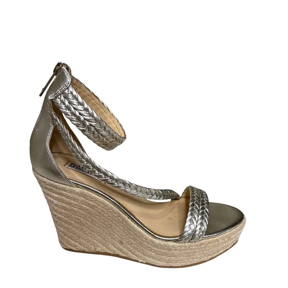 Badgley Mischka Gold‎ Wedge Sandals Size 8 Braided Strappy Espadrille Heels
