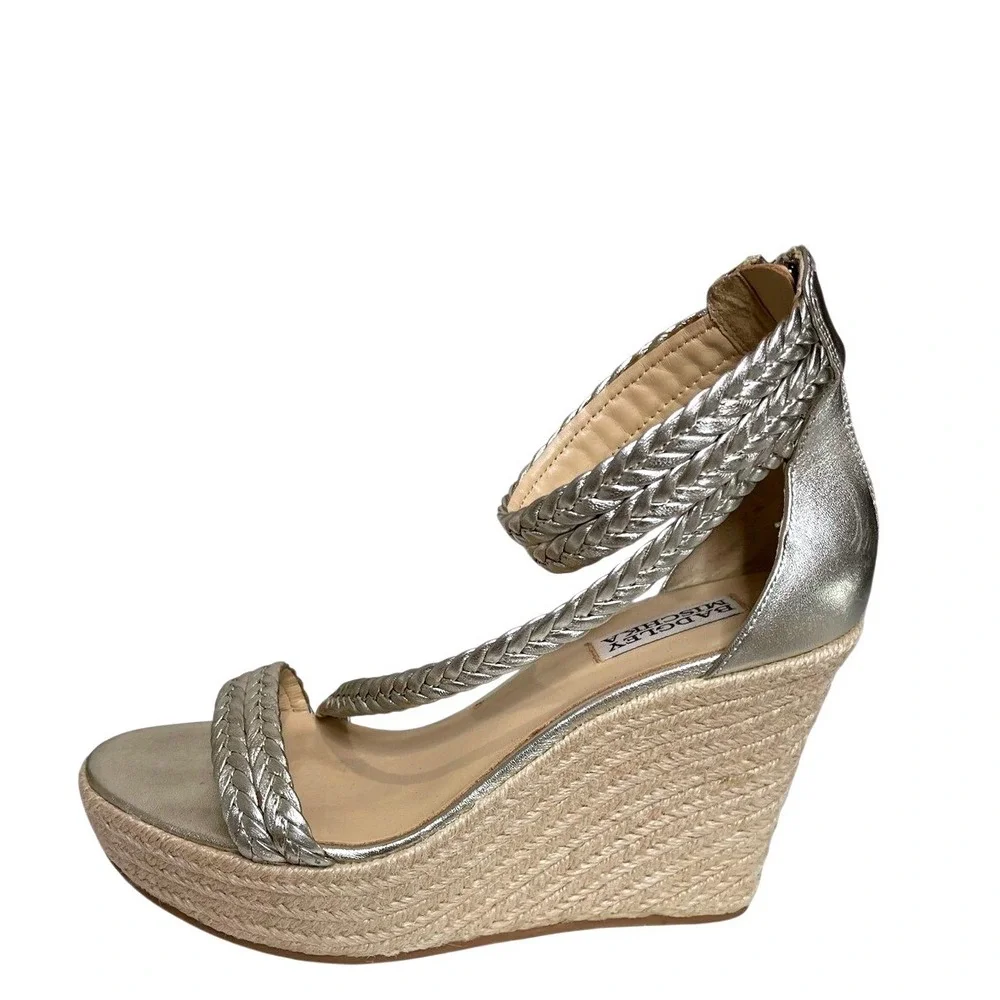 Badgley Mischka Gold‎ Wedge Sandals Size 8 Braided Strappy Espadrille Heels