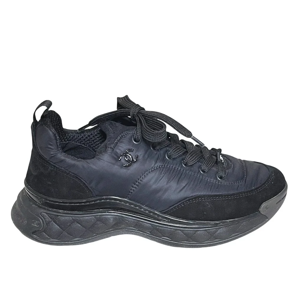 Chanel G38035‎ Black Nylon Suede Sneakers CC Logo Trainer Shoes EU 39 US 8.5