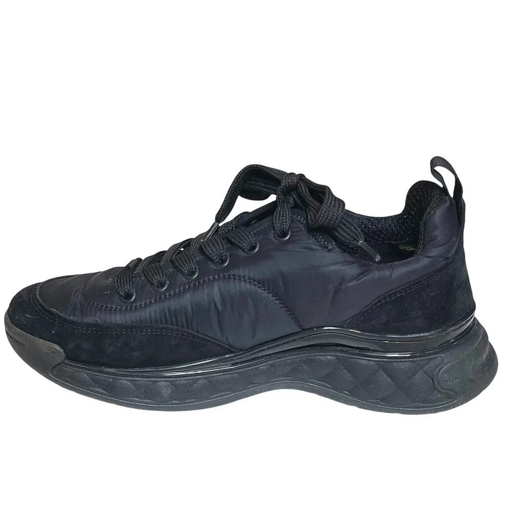 Chanel G38035‎ Black Nylon Suede Sneakers CC Logo Trainer Shoes EU 39 US 8.5