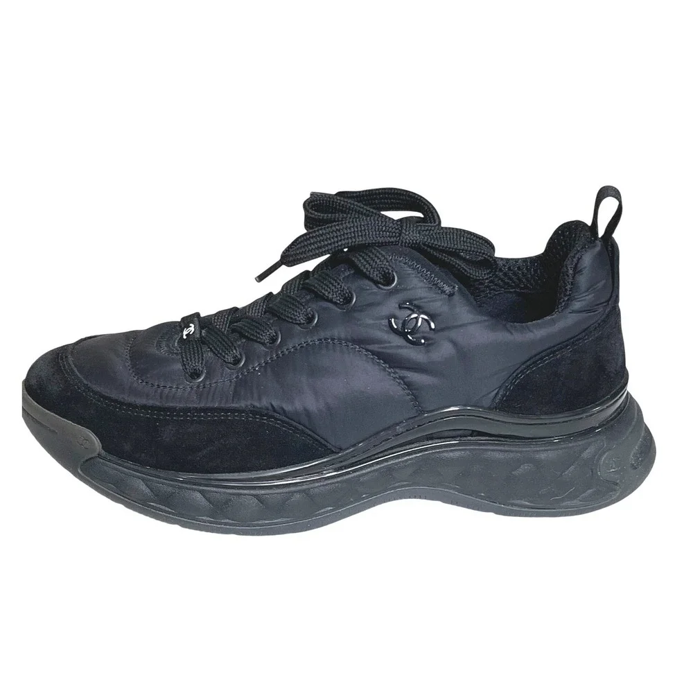 Chanel G38035‎ Black Nylon Suede Sneakers CC Logo Trainer Shoes EU 39 US 8.5