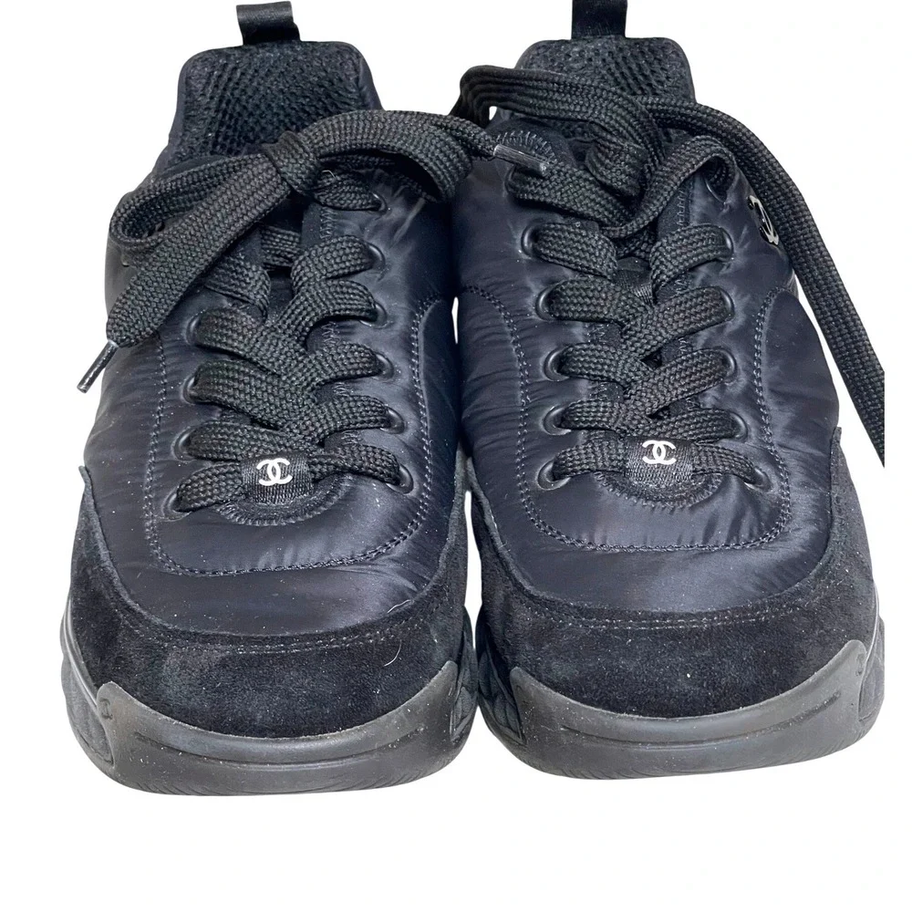 Chanel G38035‎ Black Nylon Suede Sneakers CC Logo Trainer Shoes EU 39 US 8.5