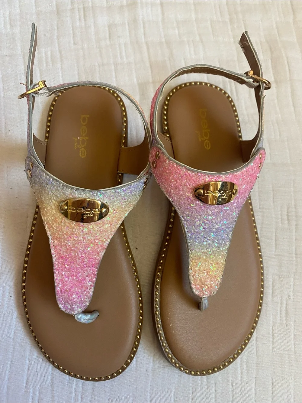BEBE Girls Glitter Gradient Pink Multicolor T-Strap Sandals
