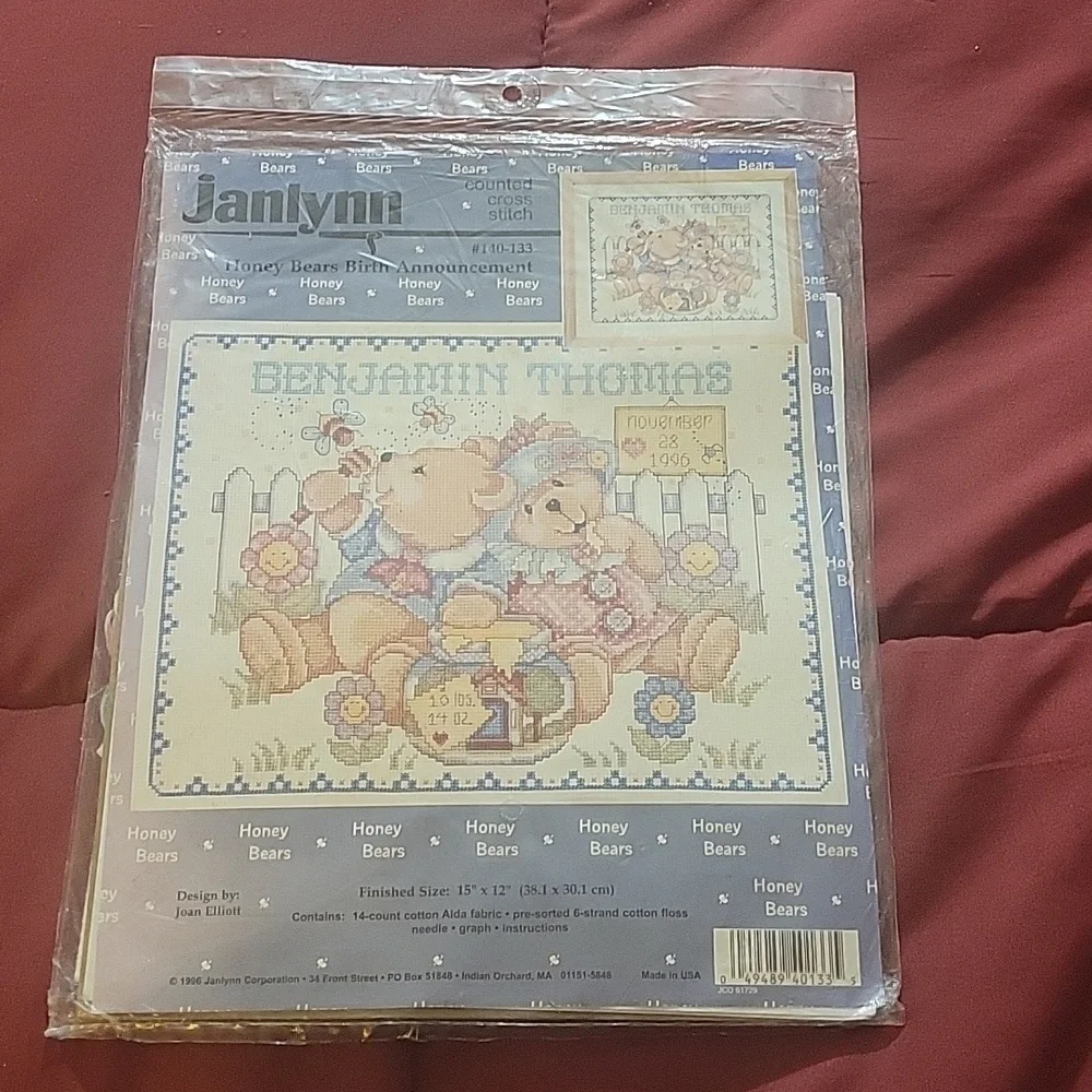 Janlynn Cross Stitch Kit Honey Bears Birth Anouncement,  15