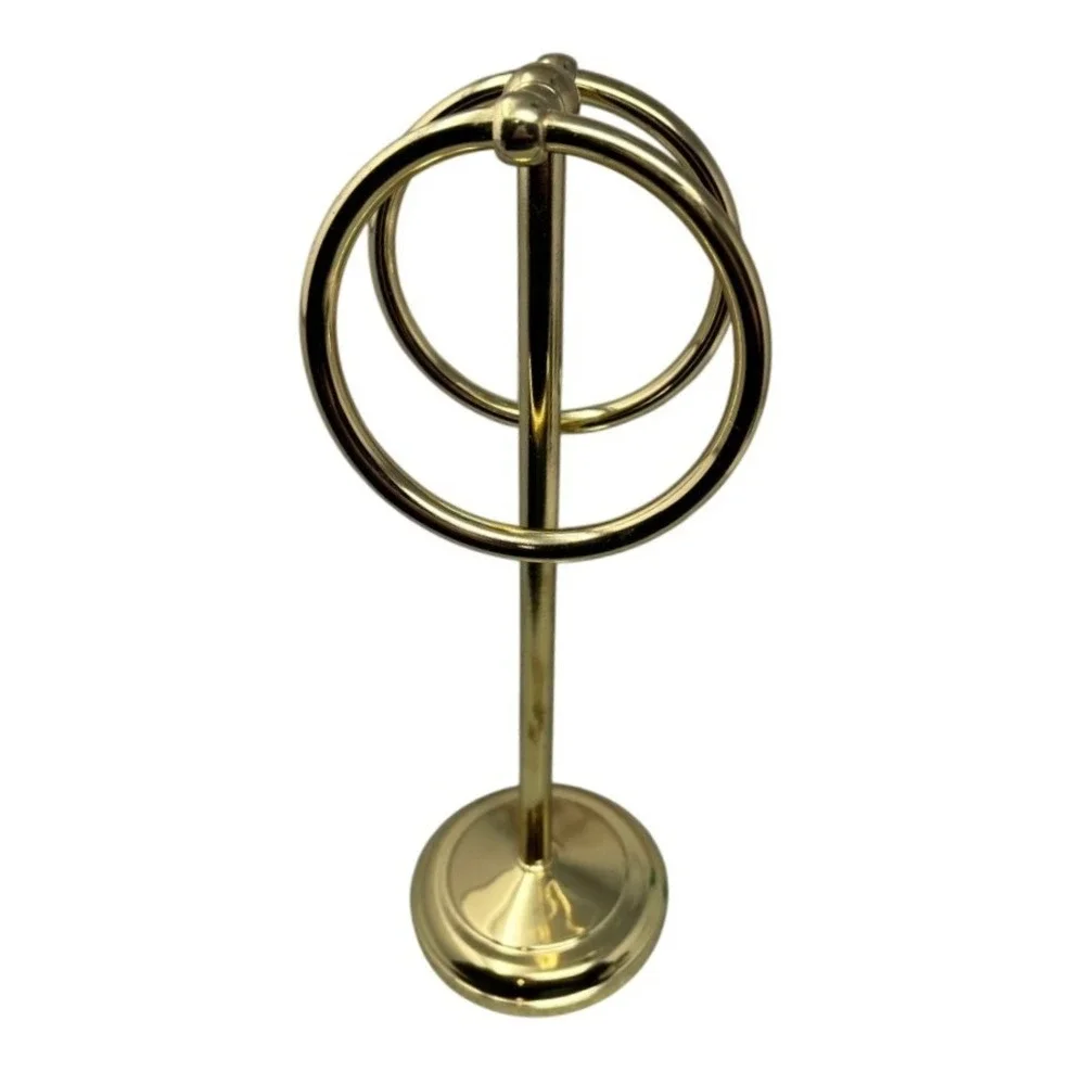 Vintage Polished Brass Double Ring Fingertip Towel Holder Pedestal Stand 13.5