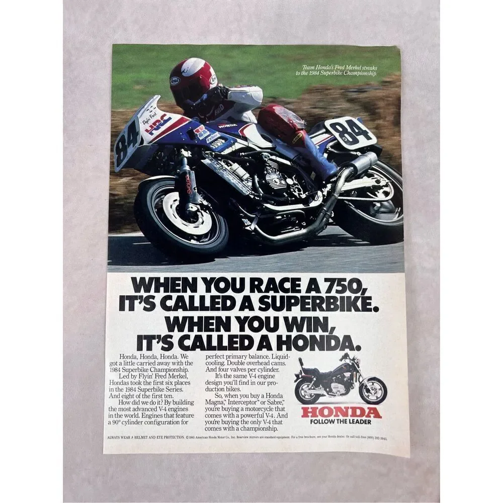 Vintage 1985 Honda Motorcycle Print-Ad/Fred Merkel/ 1984 Superbike Championship