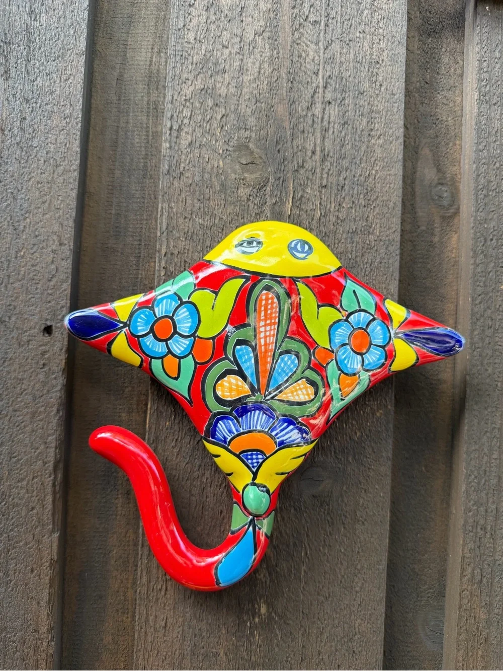 Hand-Painted  Talavera Stingray  Wall Hook - Bright Multicolor