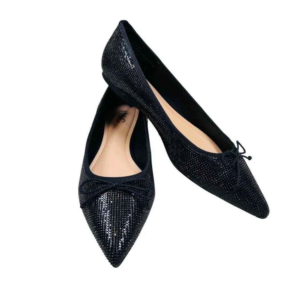 I.N.C. Persie Bow Flat Rhinestone Pointed Toe 8.5 Sparkle Party Black