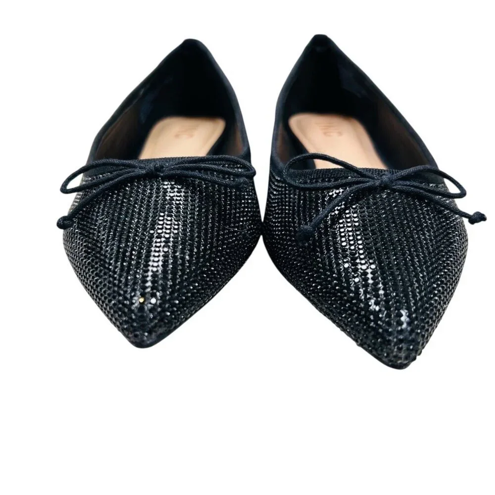 I.N.C. Persie Bow Flat Rhinestone Pointed Toe 8.5 Sparkle Party Black
