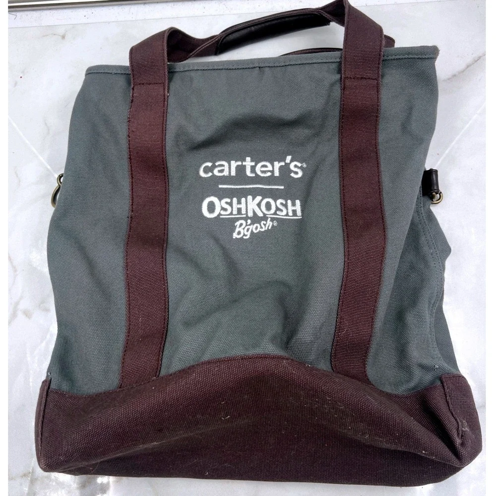 Carters OshKosh Bgosh Diaper Bag Canvas Gray Brown Tote Crossbody Messenger