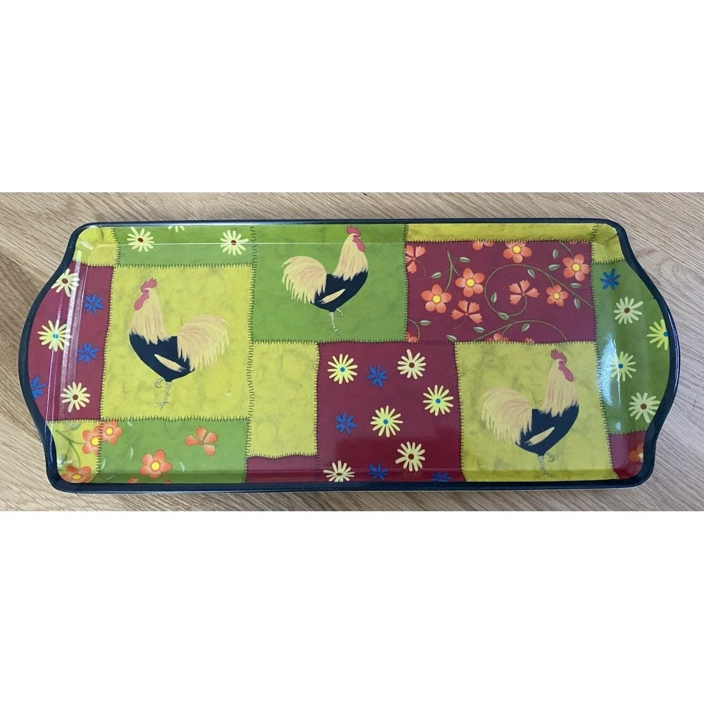 Vintage Rooster Melamine Serving Tray Floral Farmhouse Country Kitchen 15x6.5