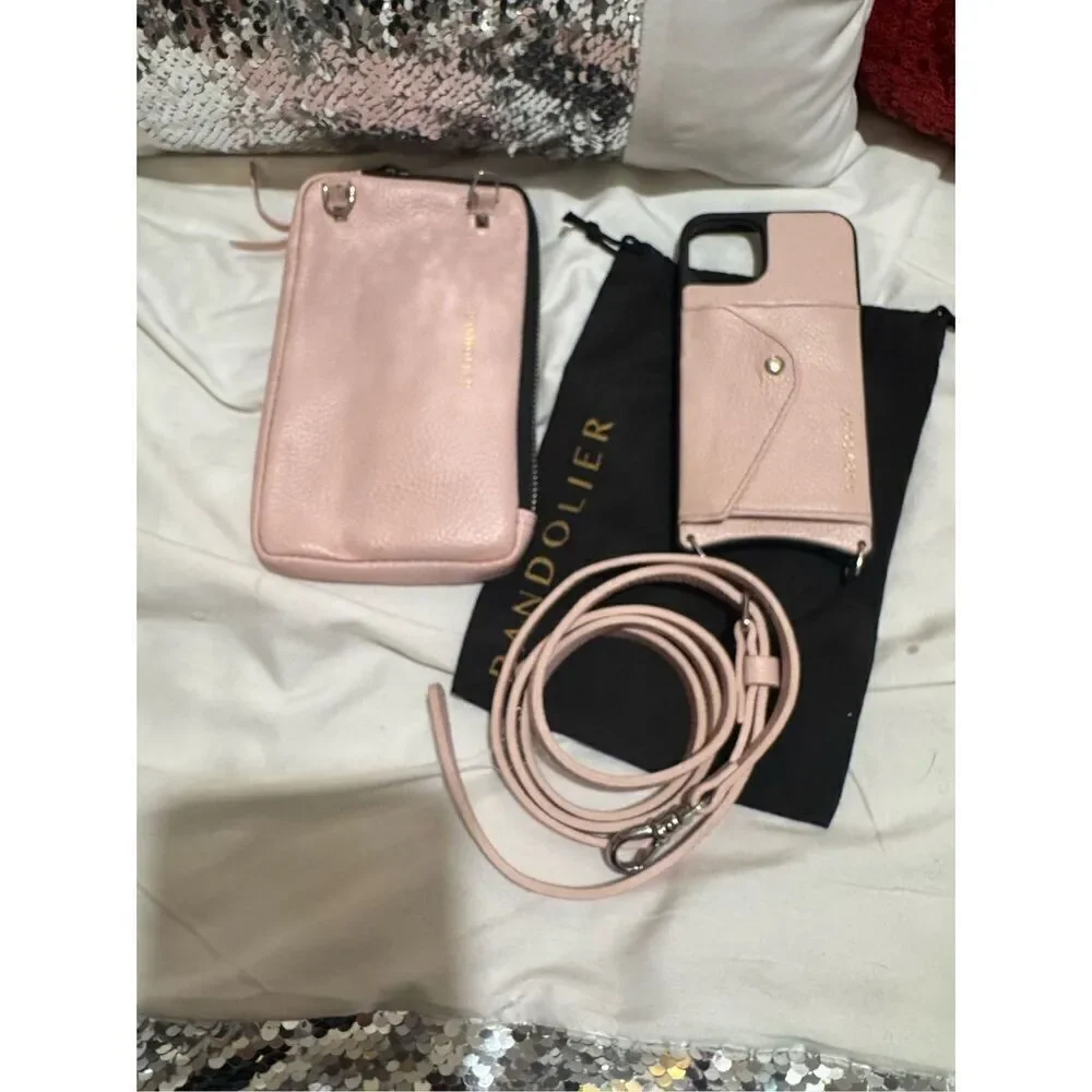 Bandolie donna iPhone 13 case & pink leather crossbody /belt/strap set w/pouch