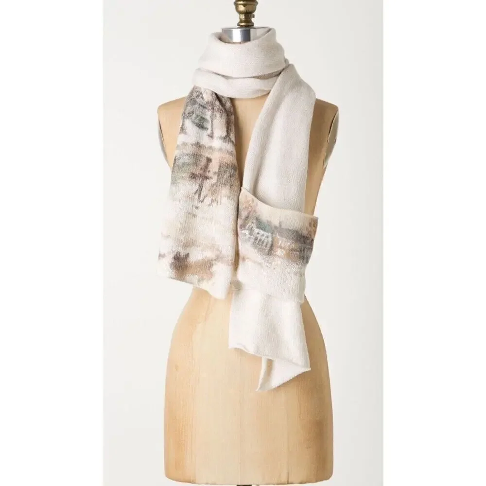 Anthropologie Hani Min Hand Painted Merino Wool Scarf Winter Visit Village Scene