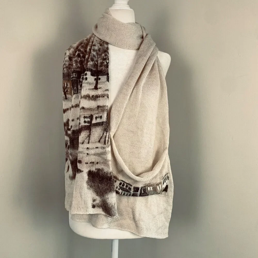 Anthropologie Hani Min Hand Painted Merino Wool Scarf Winter Visit Village Scene