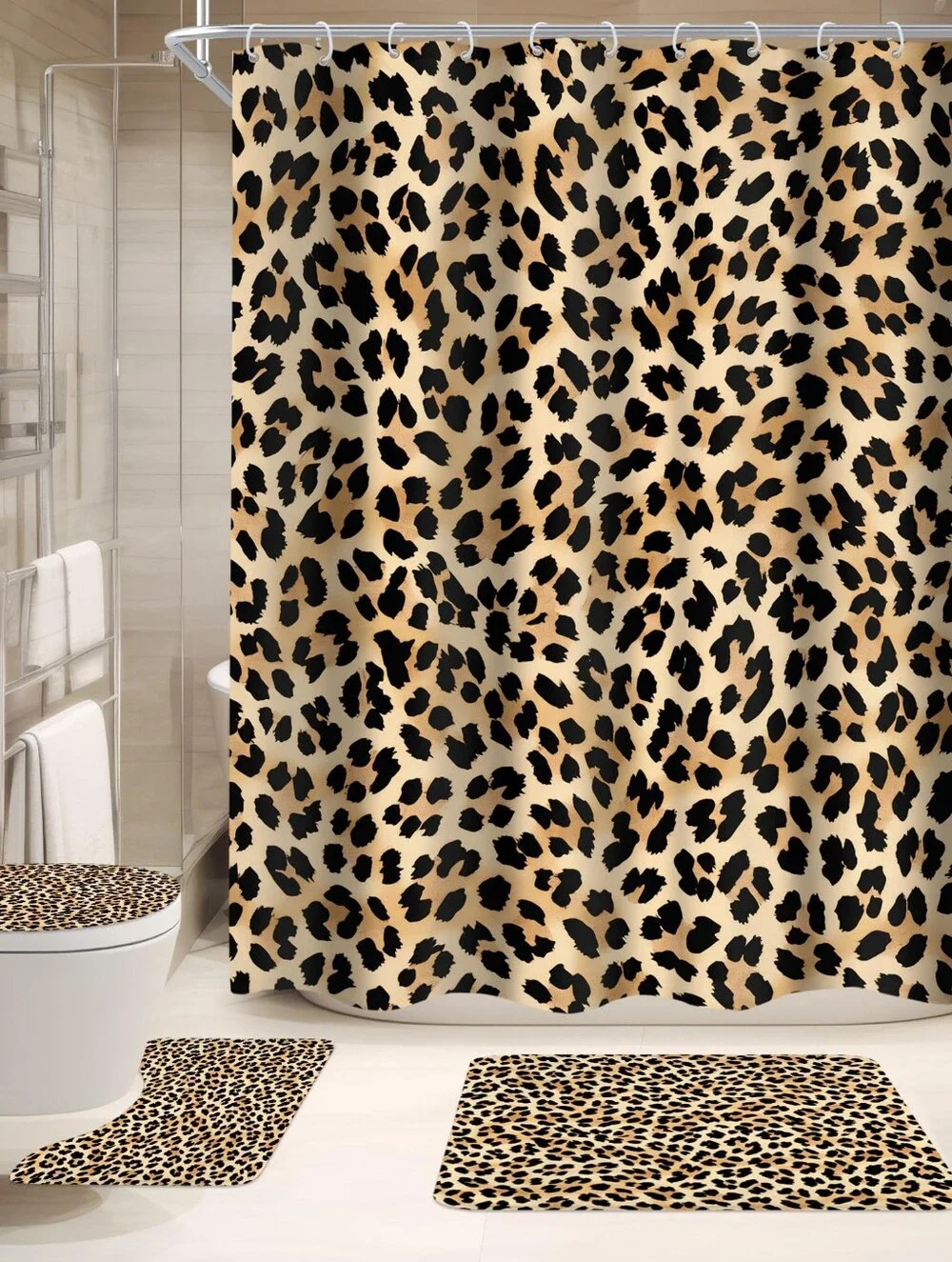 Animal Print Shower Curtain, Bath Mats,  4 Piece Bathroom Set