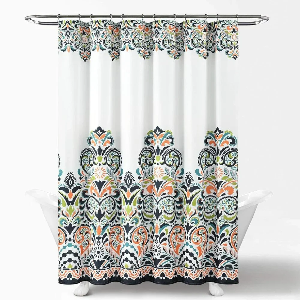Boho Bohemian Moroccan Design Navy Orange Fabric Luxe Shower Curtain NEW PACKAGE