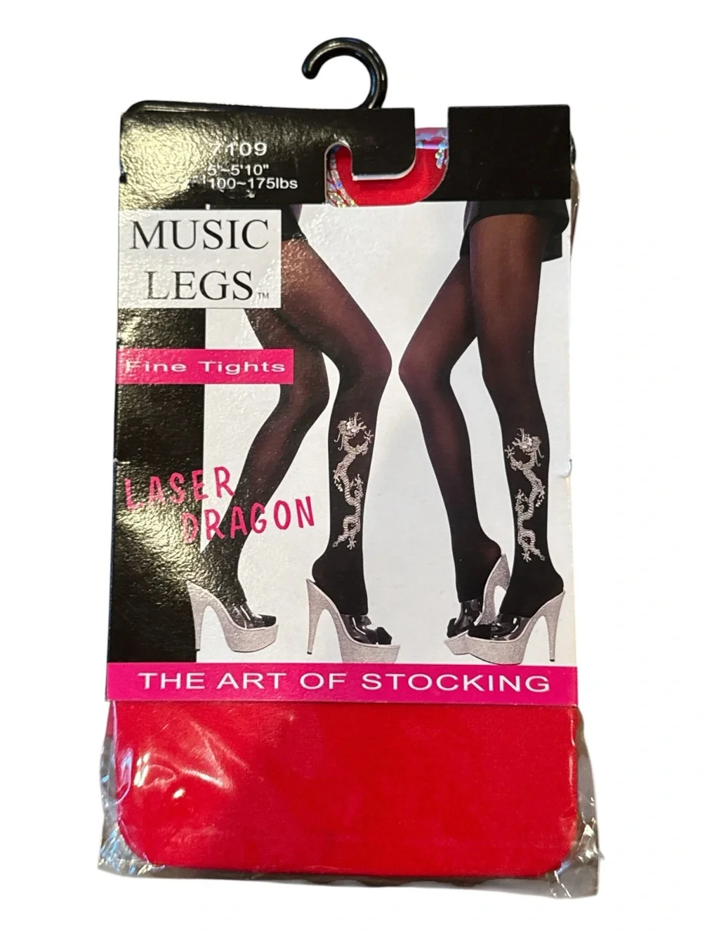 Music Legs Laser Dragon Red Tights Silver Foil Print One Size NIP