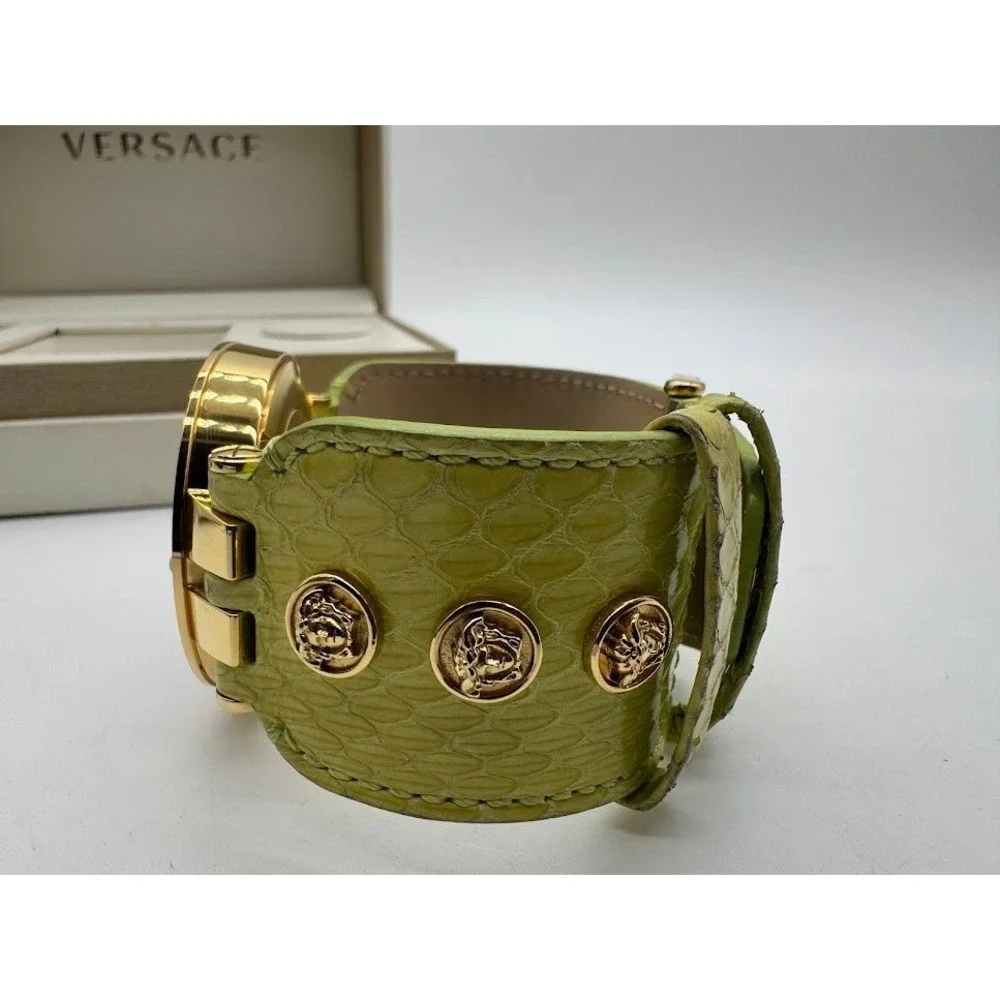 Versace GMT & Alarm Gold Tone Watch Lime Green Leather Strap Medusa Swiss Made