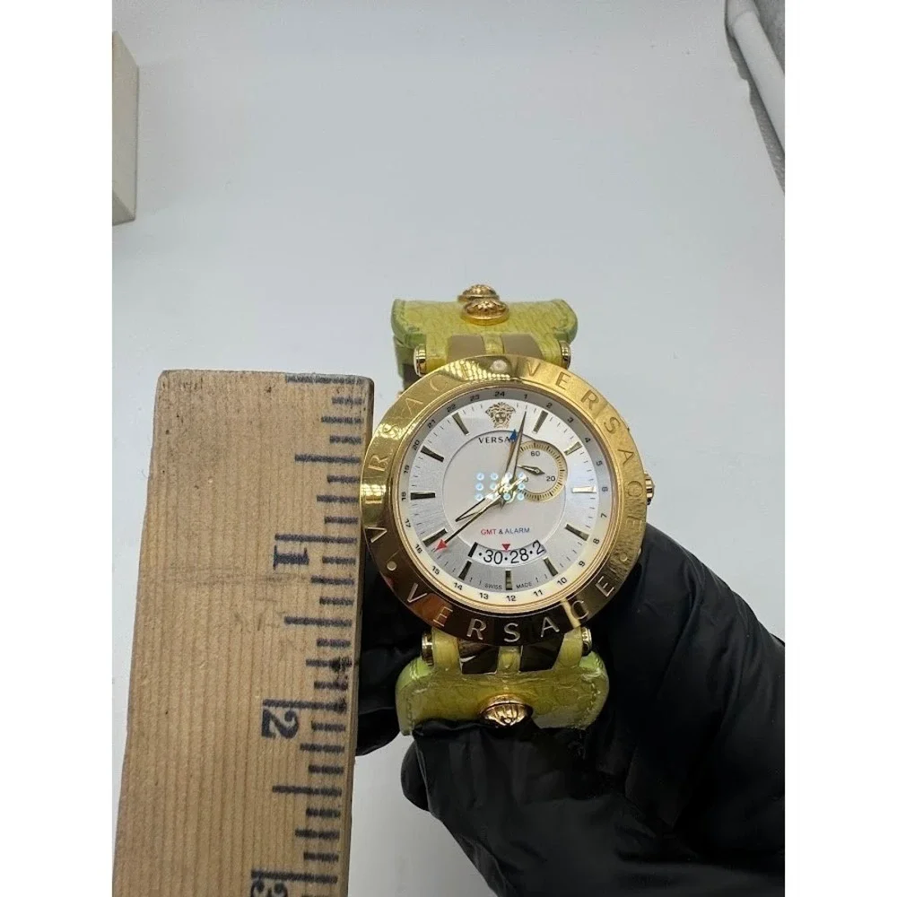 Versace GMT & Alarm Gold Tone Watch Lime Green Leather Strap Medusa Swiss Made