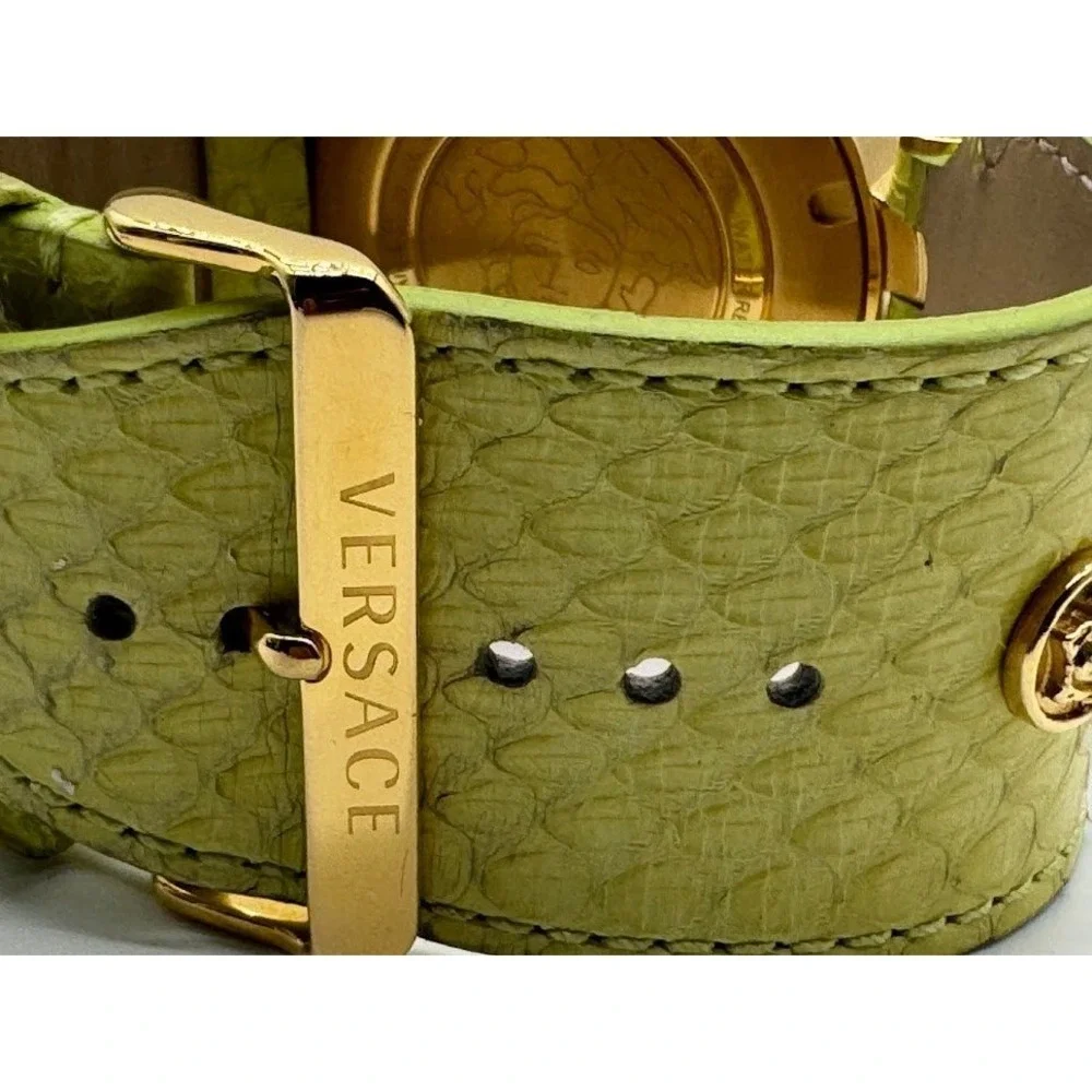 Versace GMT & Alarm Gold Tone Watch Lime Green Leather Strap Medusa Swiss Made