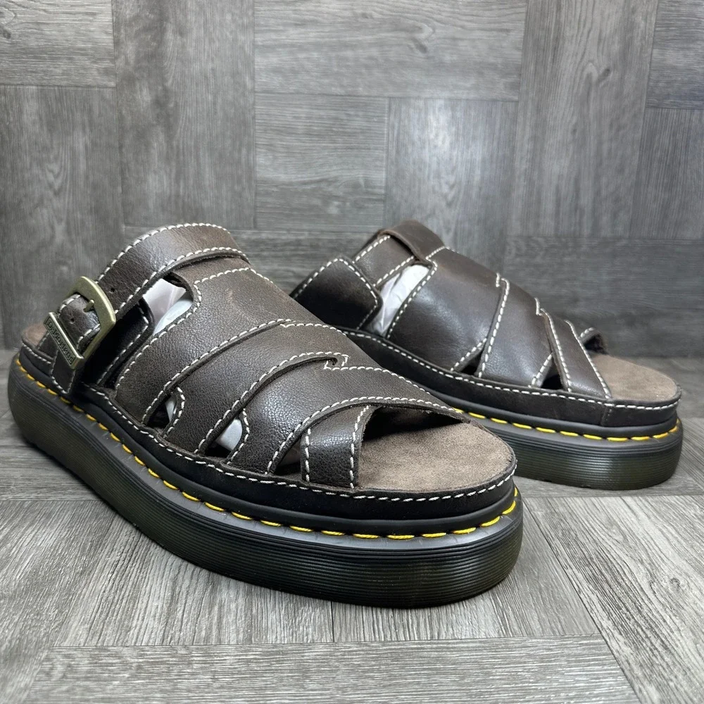 Dr. Martens Maxxy Slide Mens 12 Brown Leather Platform Buckle Sandals NEW