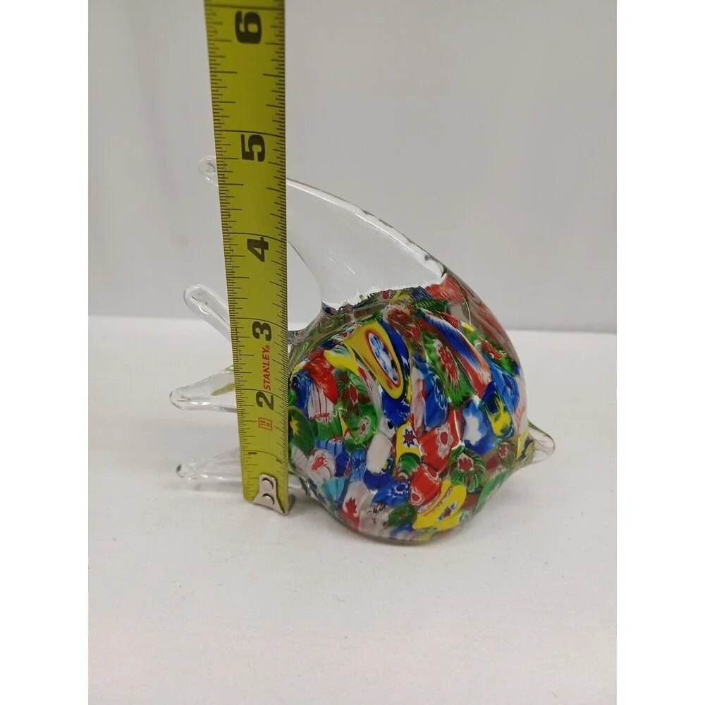 Murano Millefiori Style Art Glass Angel Fish Paperweight MultiColor Hand Crafted